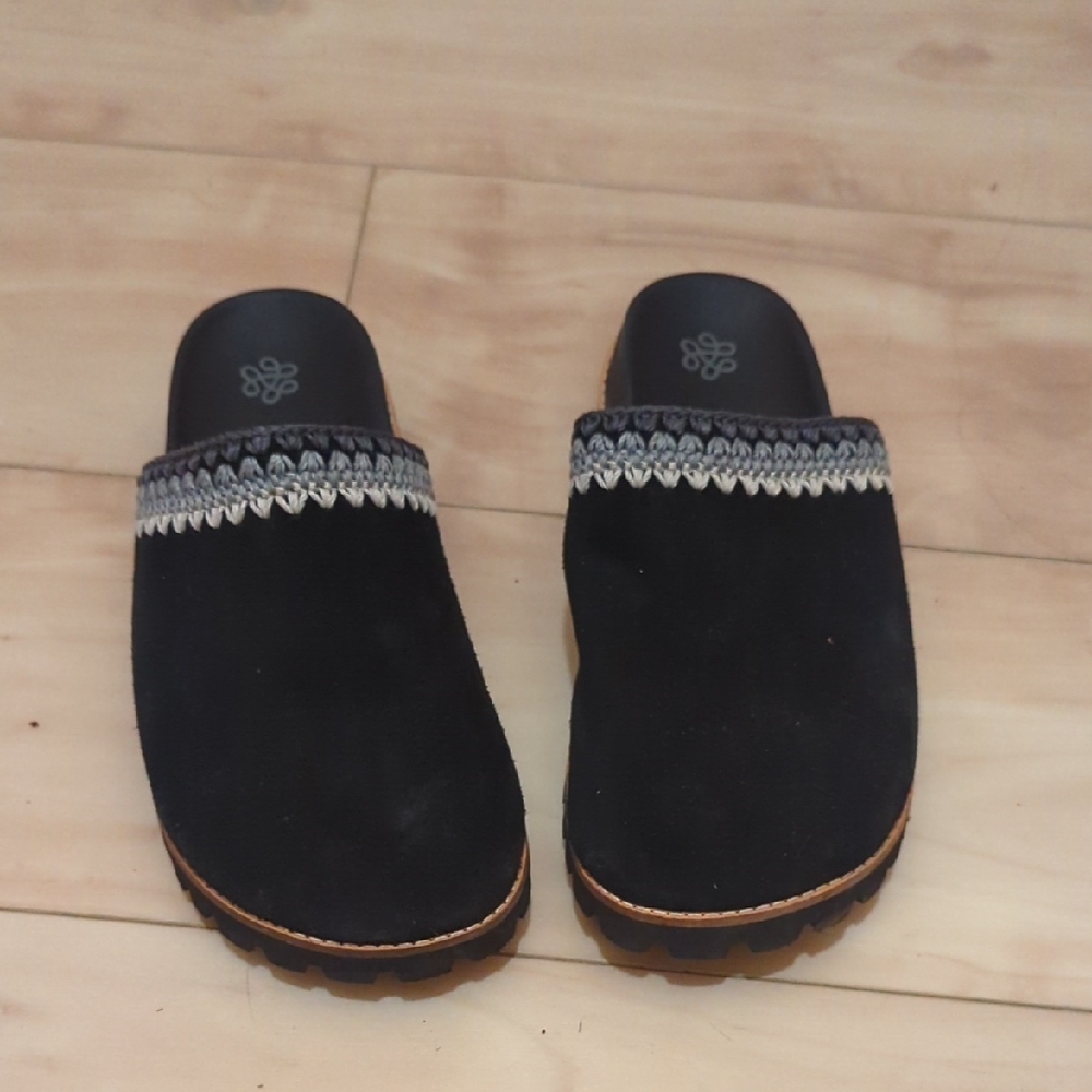 The Sak Black Suede Mules with Embroidered Trim